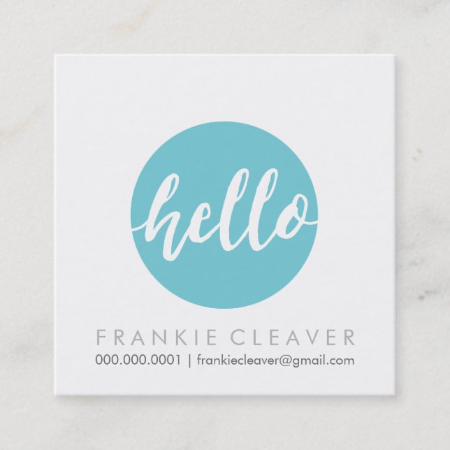 MODERN HELLO SCRIPT hand drawn bold spot turquoise Square Business Card (Front)