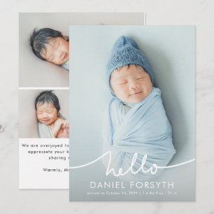 Modern Hello Script Newborn Baby Photo Birth Announcement
