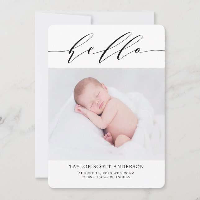 Modern Hello Script Photo Birth Announcement Card (Front)