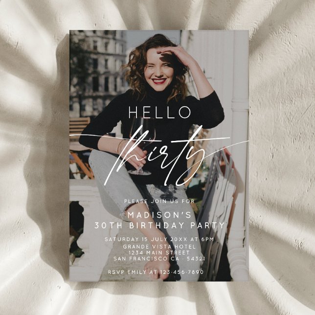 Modern Hello Thirty 30th Birthday Party Photo  Invitation (Creator Uploaded)