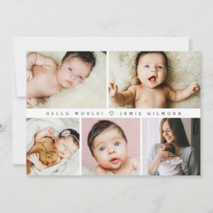 Modern Hello World Baby photo grid Thank you Invitation