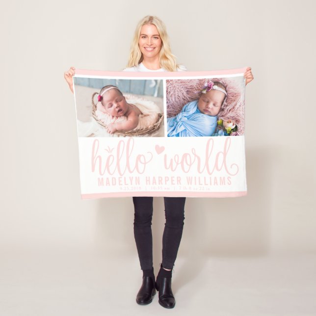 Modern Hello World Blush Pink Photo Collage Fleece Blanket (In Situ)