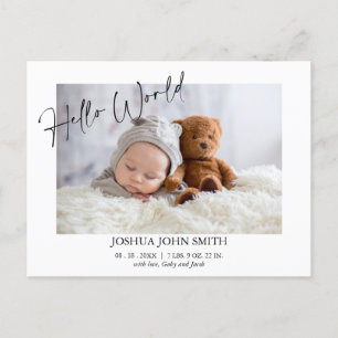Modern Hello World Calligraphy Birth Announcement Postcard