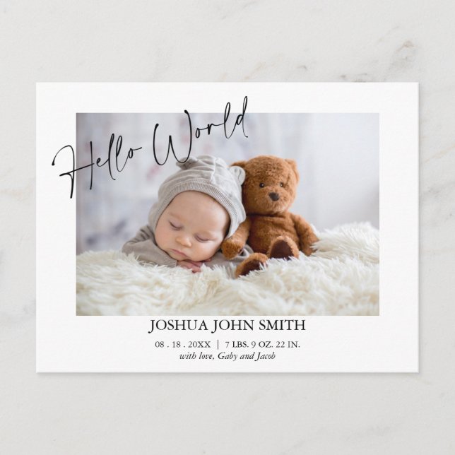 Modern Hello World Calligraphy Birth Announcement Postcard (Front)