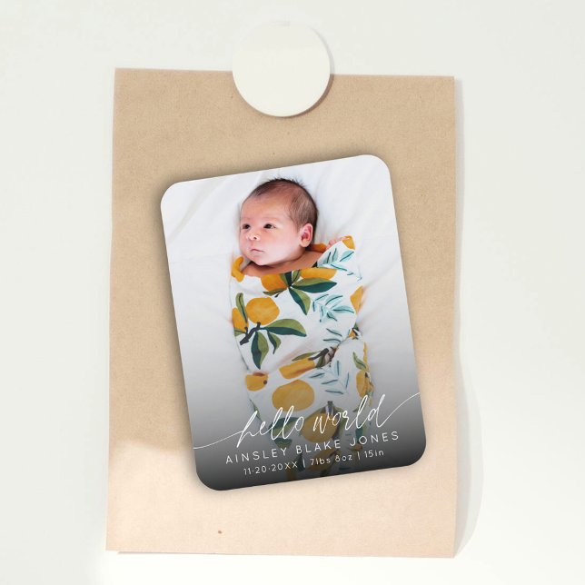Modern Hello World Newborn Photo Elegant Script  Magnet (Creator Uploaded)