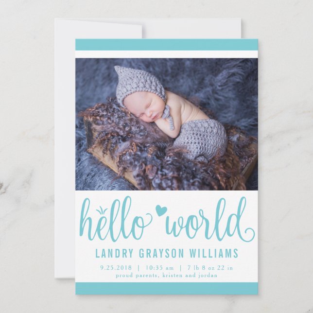 Modern Hello World Photo Aqua Birth Stat Announcement (Front)