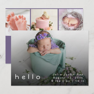 Modern Hello World Purple Baby Girl Photo Birth  Thank You Card