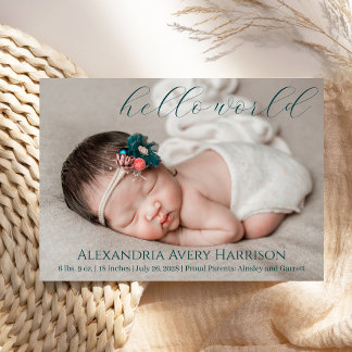 Modern Hello World Script Baby Birth Announcement 