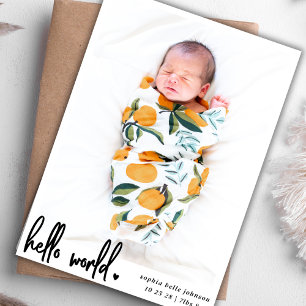 Modern Hello World Script Photo Newborn Birth   Announcement