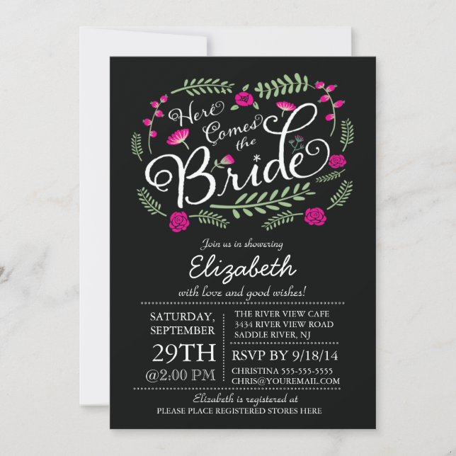 Modern Here Comes The Bride Fuchsia Floral Invitation (Front)