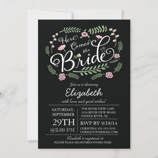 Modern Here Comes The Bride Pink Floral Invitation (Front)