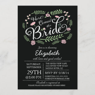 Modern Here Comes The Bride Pink Floral Invitation