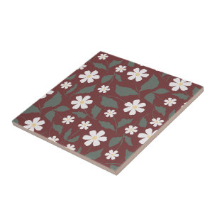 Modern Heritage Daisy Floral Dark Red & Green Tile