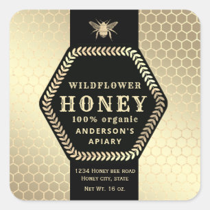 Modern Hexagon branch  gold bee honey jar Label