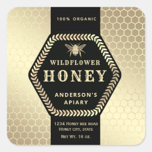 Modern Hexagon branch  gold bee honey jar Label