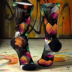 Modern Hexagonal in Emerald, Magenta, and Orange Socks
