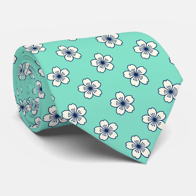 Modern Hibiscus Hawaiian Floral Mint Green Tie (Rolled)