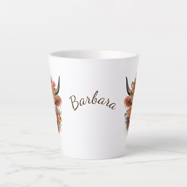 Modern Highland Cow with Boho Flower Design Latte Mug (Front)