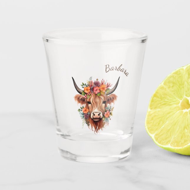 Modern Highland Cow with Flowers Shot Glass (Front)