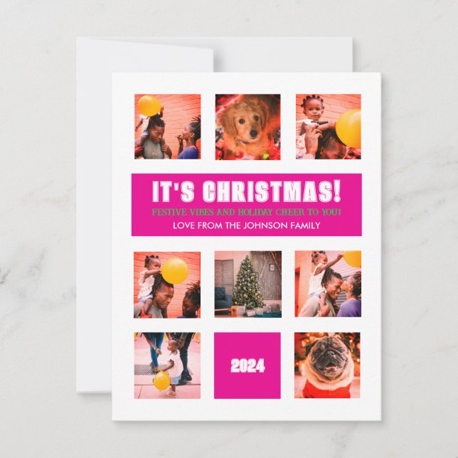 Modern Hip Pink & White 9 Photo Flat Holiday Card (Front)