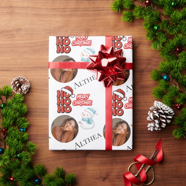 Modern Ho Ho Ho One photo Name Merry Christmas  Wrapping Paper (Holiday Gift)