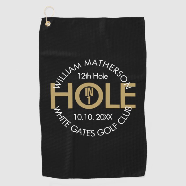 Modern Hole in One Black And Gold Golf Towel (Front)