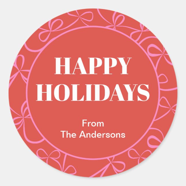 Modern Holiday Bold Red & Pink Ribbon Pattern Classic Round Sticker (Front)