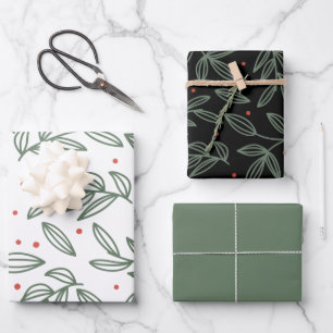 Modern Holiday Botanicals, White & Green, Black Wrapping Paper Sheet