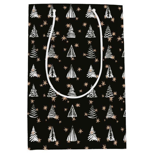 Modern Holiday Christmas Black White Gold Stars Medium Gift Bag (Front)