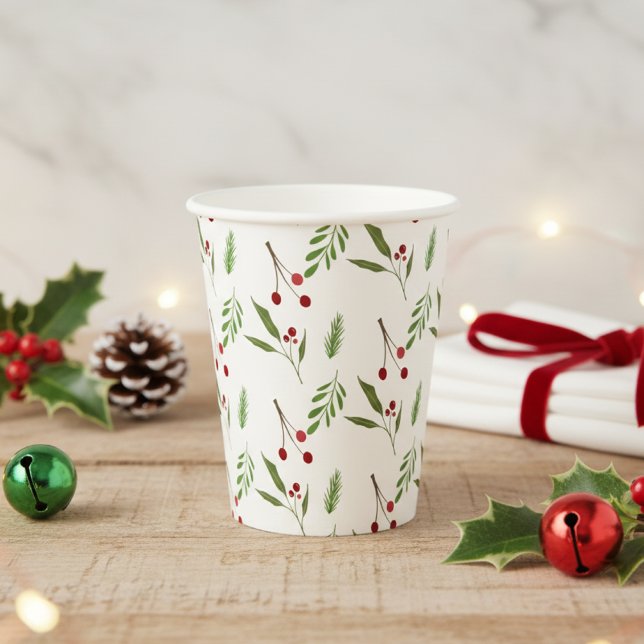 Modern Holiday Christmas Greenery Botanical Berry Paper Cups (Creator Uploaded)