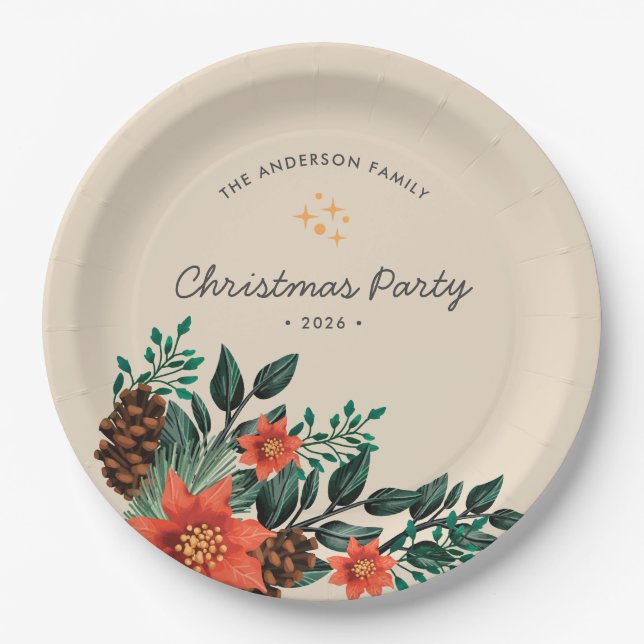 Modern Holiday Foliage Greenery Christmas Party Paper Plate (Front)