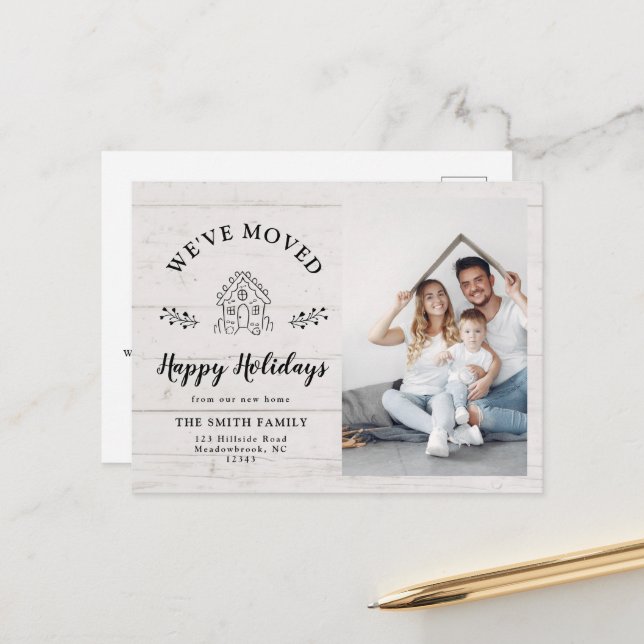 Modern Holiday Gingerbread House Photo Moving Announcement Postcard (Front/Back In Situ)