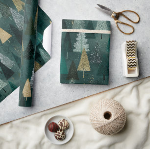 Modern Holiday Green & Gold Trees Wrapping Paper