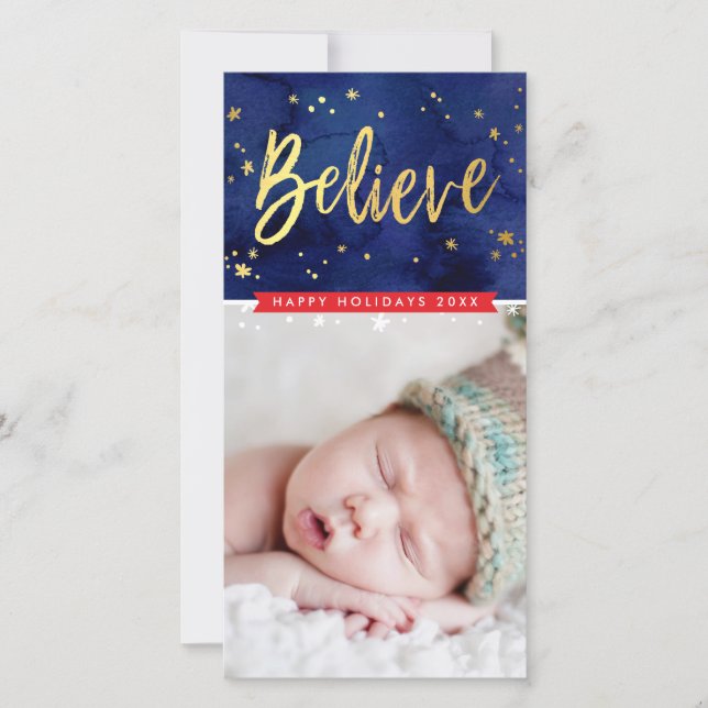 MODERN HOLIDAY GREETING believe gold script type Card (Front)