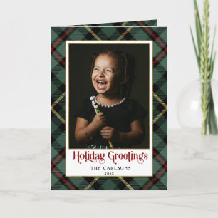 Modern Holiday Greetings Script on Plaid Photo