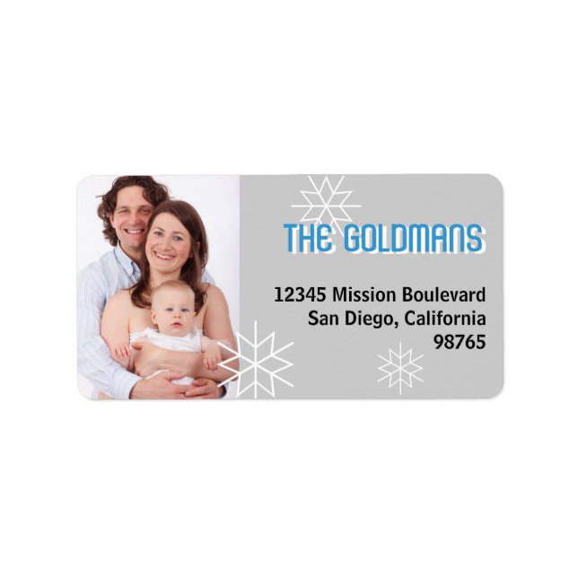 Modern holiday photo blue grey snowflake address label (Front)