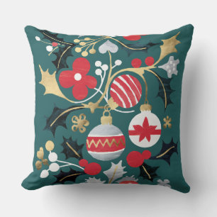 Modern Holiday Red Silver & Gold Ornaments Teal Cushion