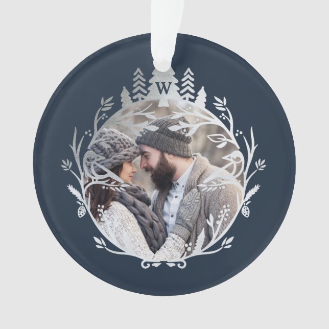 Modern Holiday Silver Bird Branch Wreath Photo Ornament (Front)