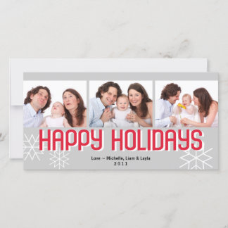 Modern holiday triptych red grey happy holiday card