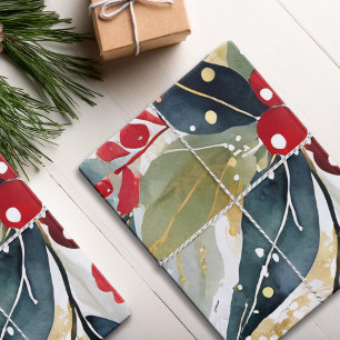 Modern Holiday Watercolor Floral Christmas Wrapping Paper Sheet