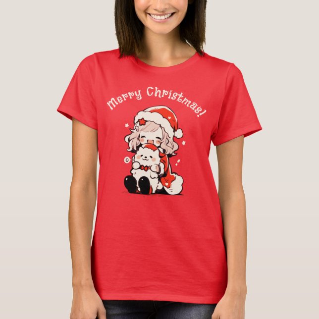 Modern Holiday Whimsical Girl with Dog Christmas T-Shirt (Front)