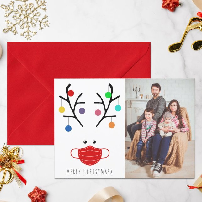 Modern Holiday Whimsical Masked Reindeer Christmas Card (Creator Uploaded)
