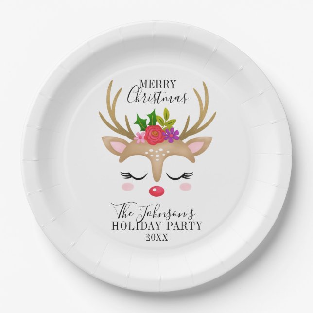 Modern Holiday Whimsical Reindeer Christmas Paper Plate (Front)