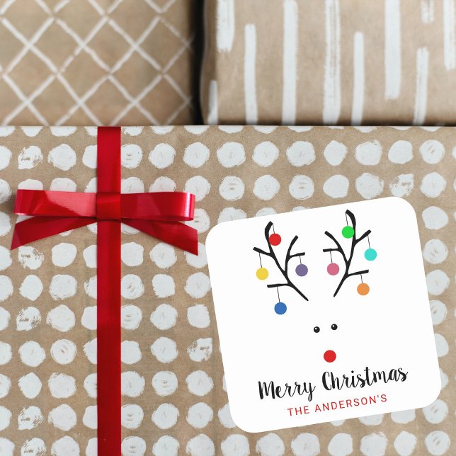 Modern Holiday Whimsical Reindeer Christmas Square Sticker (Creator Uploaded)