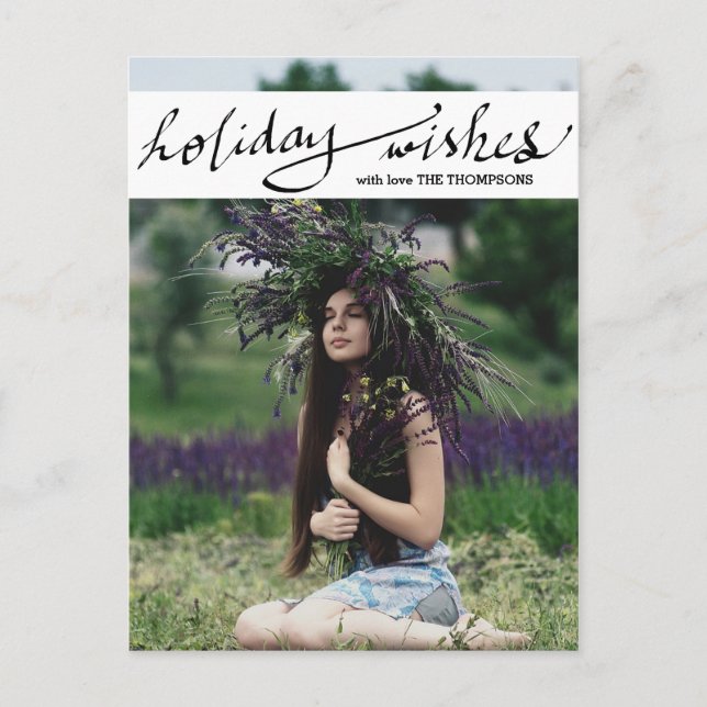 Modern Holiday Wishes Photo Script Postcard (Front)