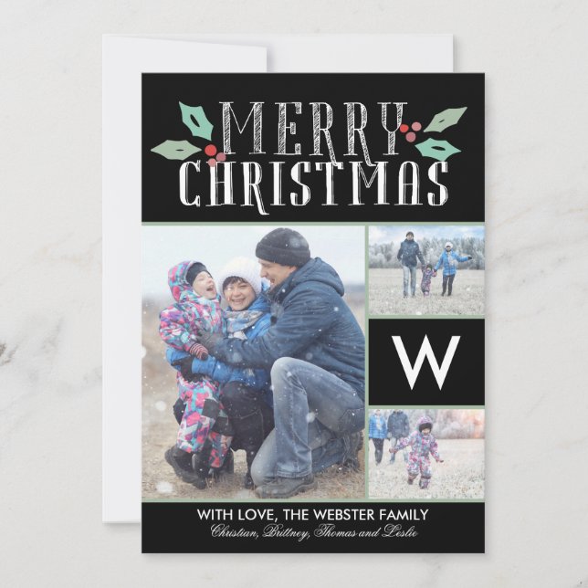Modern Hollies Monogram 3 Photo Christmas Holiday Card (Front)