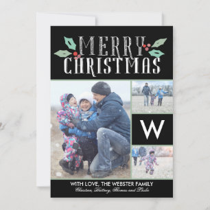 Modern Hollies Monogram 3 Photo Christmas Holiday Card