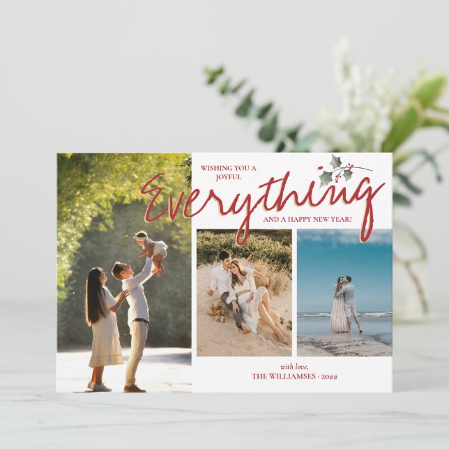 Modern Holly 3 Photo Red Green Elegant New Family  Holiday Card (Standing Front)