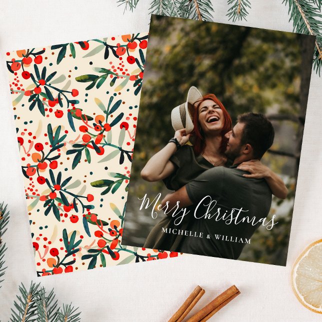 Modern Holly Berries Christmas Script Photo Holiday Card (Creator Uploaded)