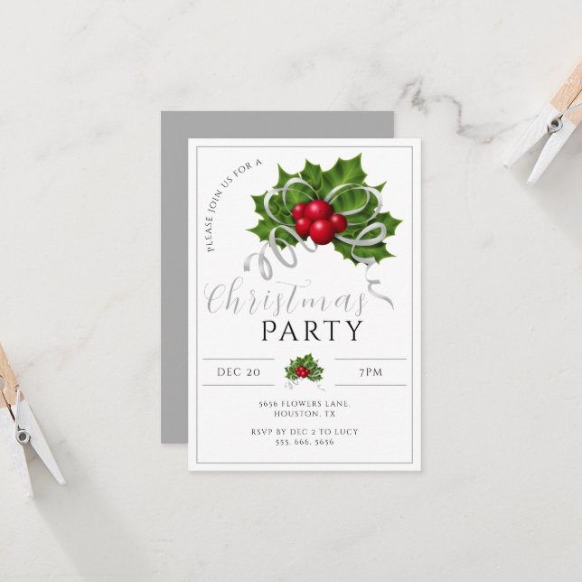 Modern Holly, Berries & Ribbon Christmas Party Invitation (Front/Back In Situ)